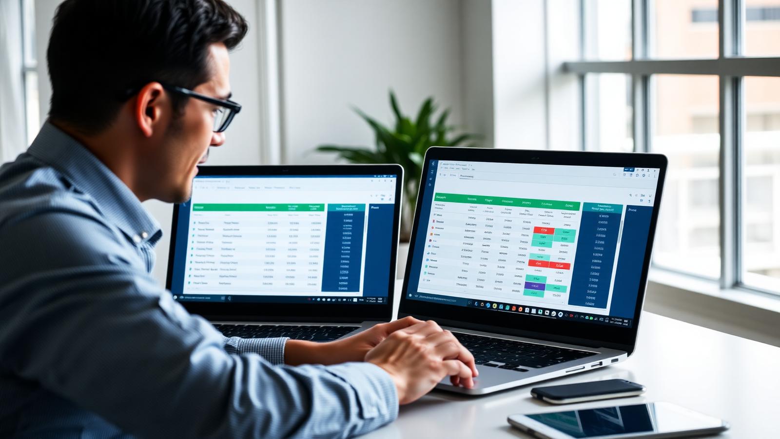 Analyst comparing prequalification software pricing tables across two laptops