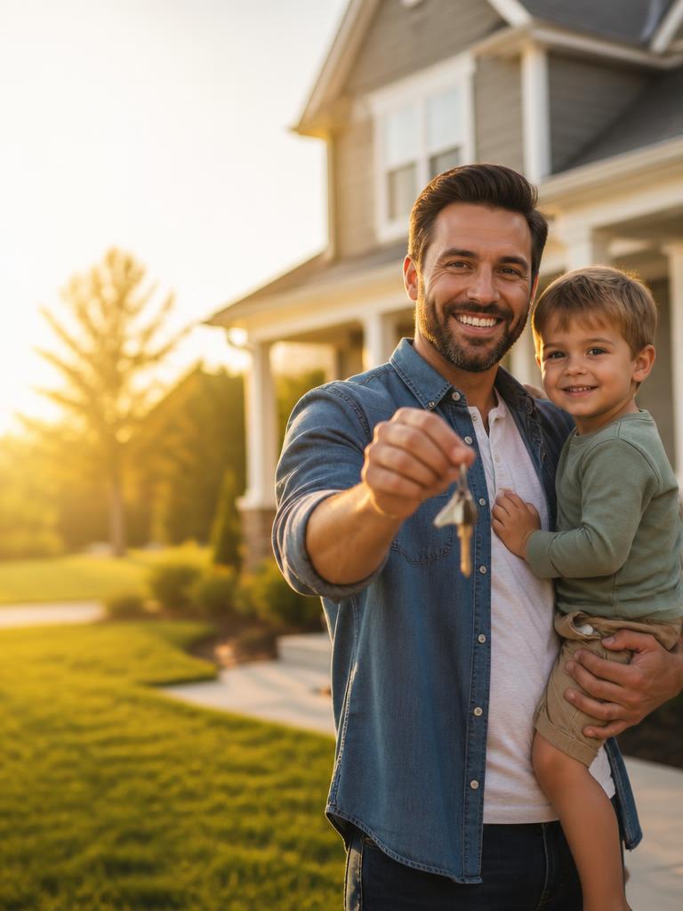 Family holding keys in front of their new home